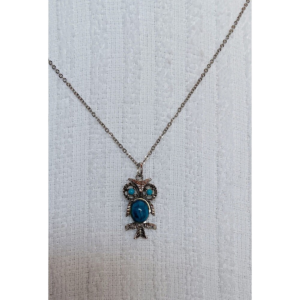 Vintage Silvertone Turquoise Glass Owl Pendant Necklace 20 in